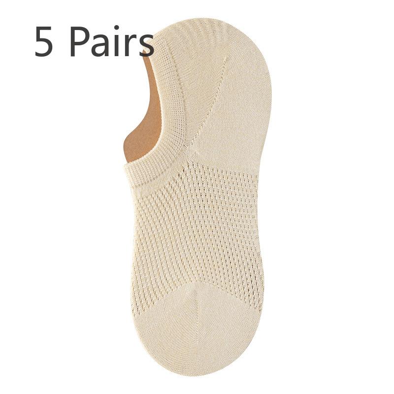 

5 пар женских летних носков Ice Silk 7A с антибактериальной сеткой, невидимых, тонких, нескользящих, с пяткой 5 Pairs телесный