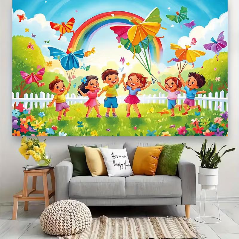 2D Summer Kids Backdrop, Happy Children Holding Butterfly Balloons In the Meadow Photography Background for Family & Kids Photos