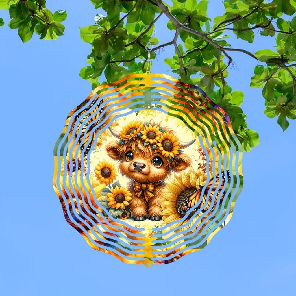 10-inch Sunflower & Highland Cow Wind Spinner - 2D Laser-Cut Metal Art with 360° Rotating Hook, Elegant Geometric Patterns for Garden/Patio Decor