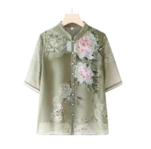 Middle Aged And Elderly Women's Casual Breathable Round Neck Short Sleeved Chinese Style T-shirt Western Style Top For Women