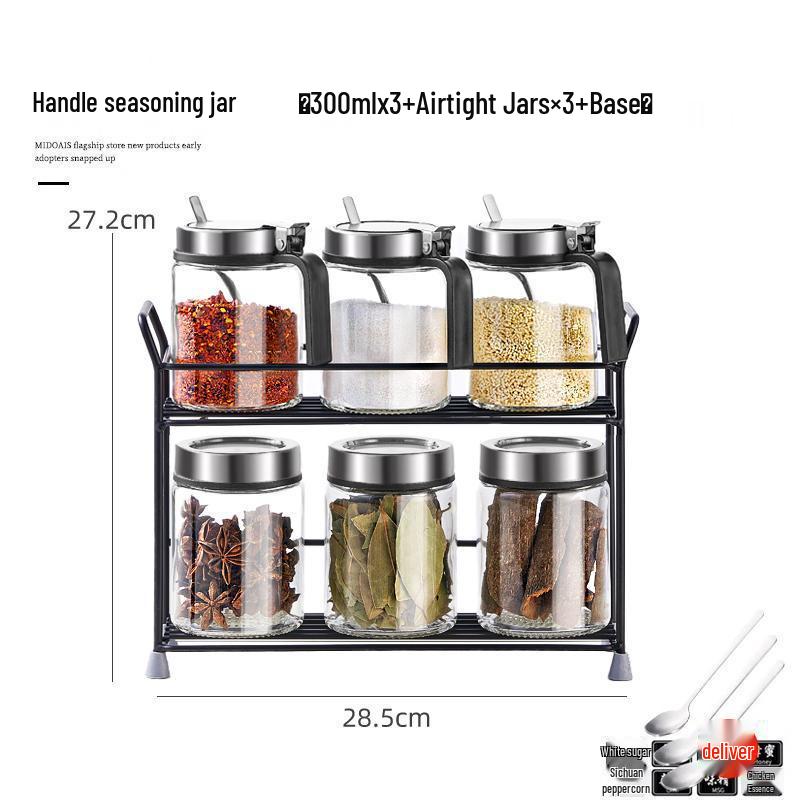 Stainless Steel Glass Kitchen Seasoning Jars Set with Spring Lid & Spoon