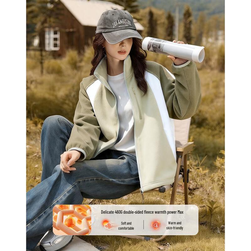 

Demana Women s Warm 460G Double Fleece Stand Collar Color-block Short Jacket L