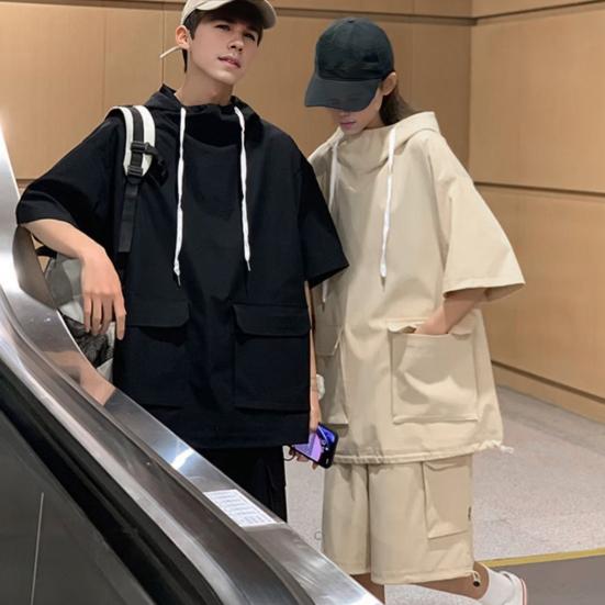 2 szt./zestaw Unisex Strój na co dzień Bluza z kapturem ze sznurkiem Krótki rękaw T-shirt Elastyczny pas ze sznurkiem