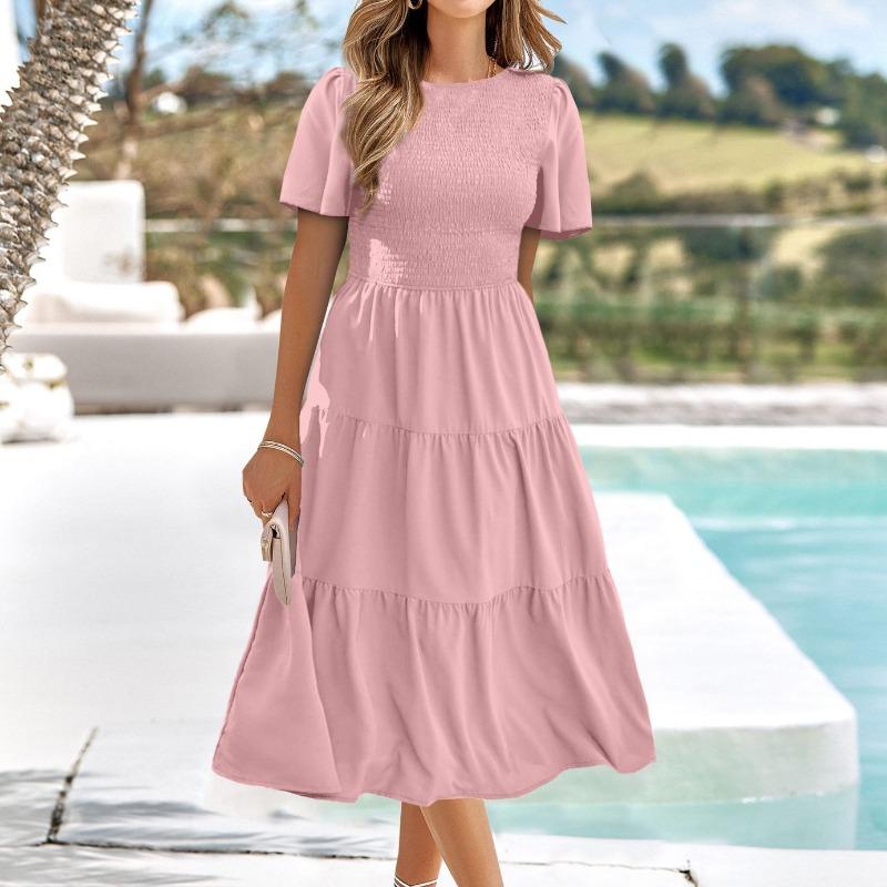 Fashion Slim Fit A Line Pleated Elegant Loose Dresses for Women Summer New Round Neck Casual Vacation Dress Women Vintage Plus Size Long Dress 26357