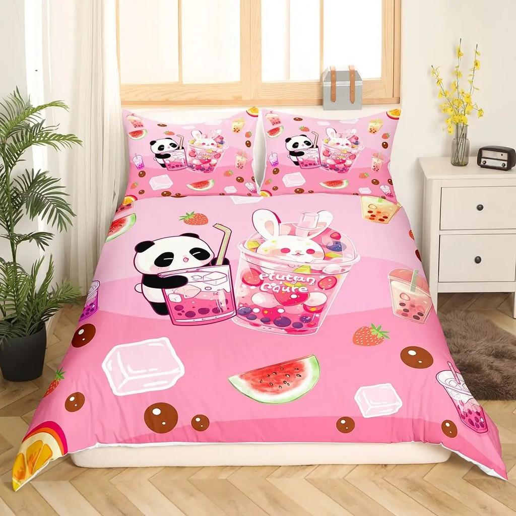 Sweet Strawberry Milk Duvet Cover King Queen Cute Bear Bedding Set Cartoon Fruits Animals Comforter Cover with 2 Pillowcases