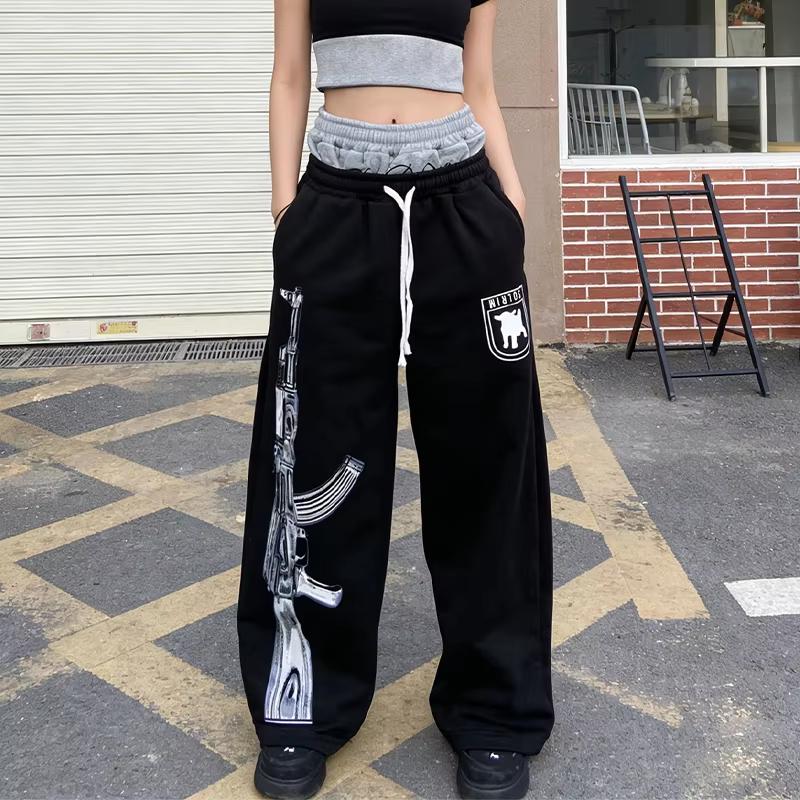 European and American Double Waisted Embroidered Street Folding Couple Sweatpants