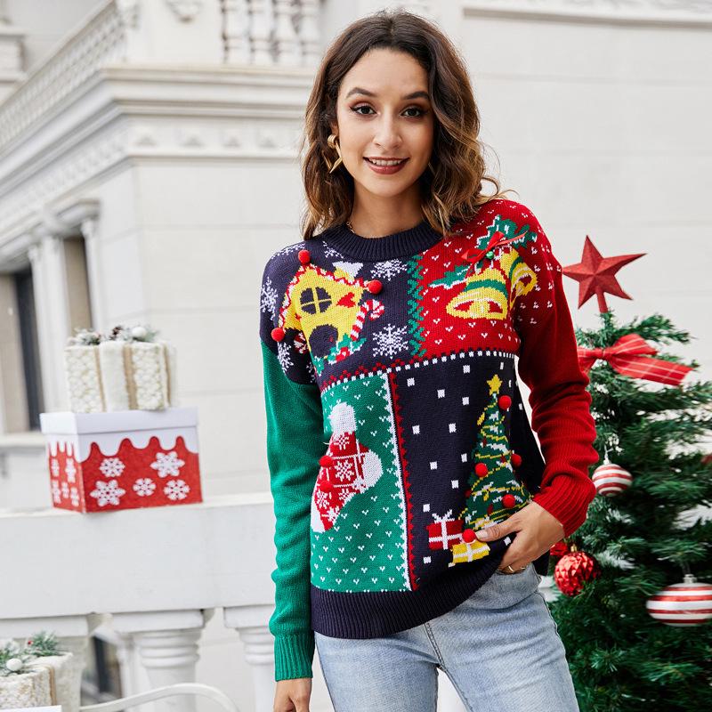 

2023 European & American Snowflake Christmas Tree Pullover Sweater for Women Small темно-синий