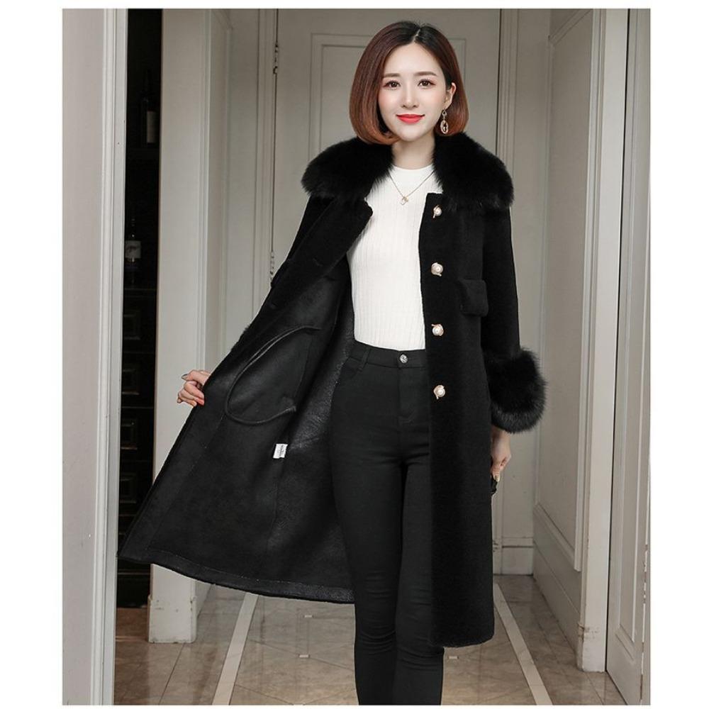 Kabát ze střižní ovčí kůže Středně dlouhý kožich s vlnou a kožešinou pro ženy Nový kabát s límcem z liščí kožešiny