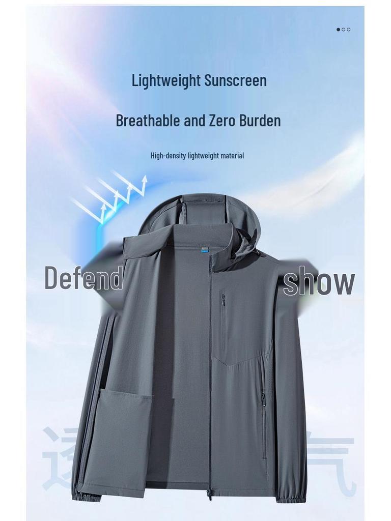 Męska kurtka chroniąca przed słońcem z lodowego jedwabiu z odpinanym kapturem - Luźna, lekka, plus size płaszcz przeciwsłoneczny