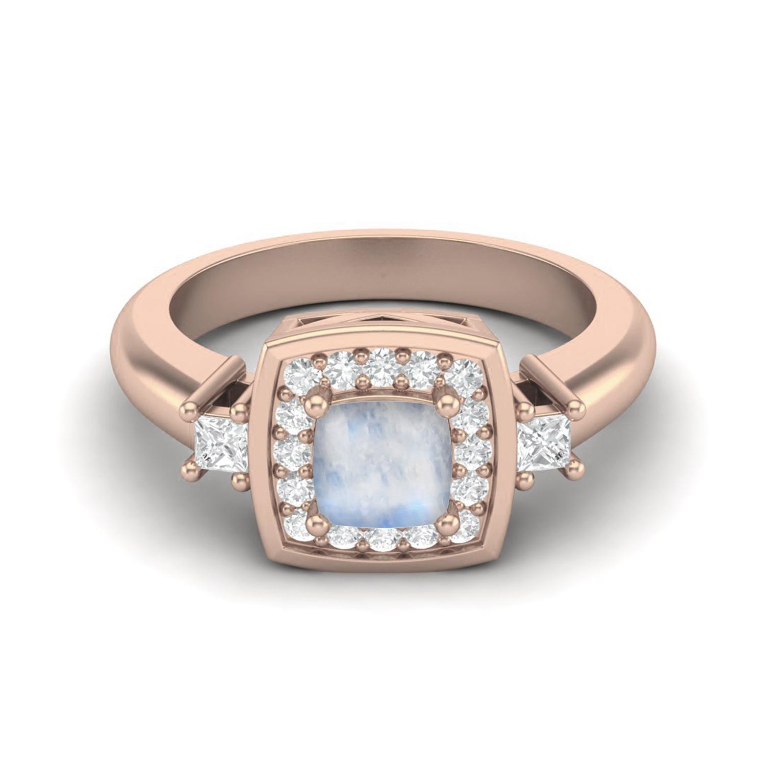 5 MM Cushion Natural Moonstone 925 Sterling Silver Rose Vermeil Side Stone Women Wedding Bridal Ring 8 ярко-розовый