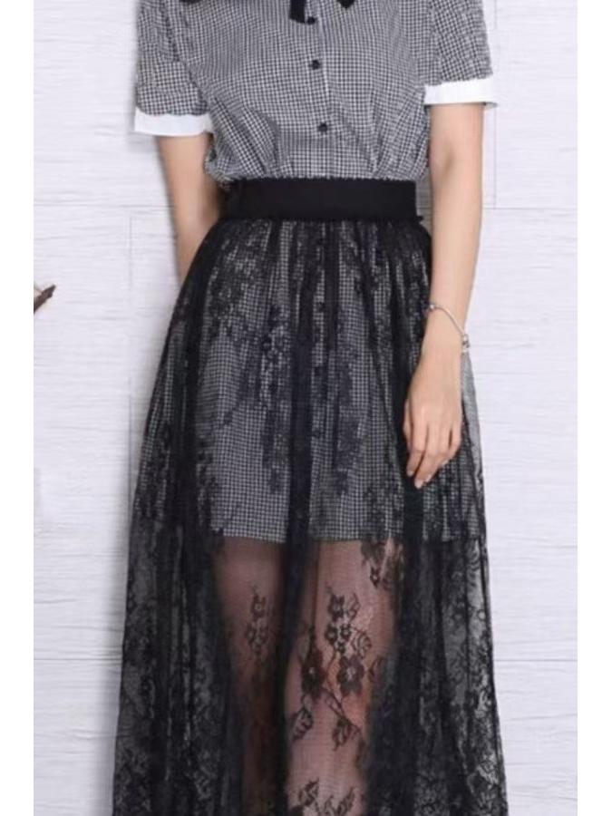 2025 Autumn/Winter French Retro Lace High-Waisted See-Through Slimming Loose Midi Skirt for Women