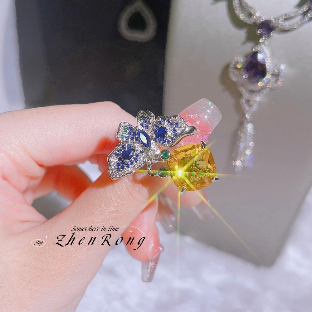 Luxury Butterfly Open Ring Mint Green Tourmaline Diamond Blue Sapphire Cocktail Ring for Women Fashion Jewelry adjustable