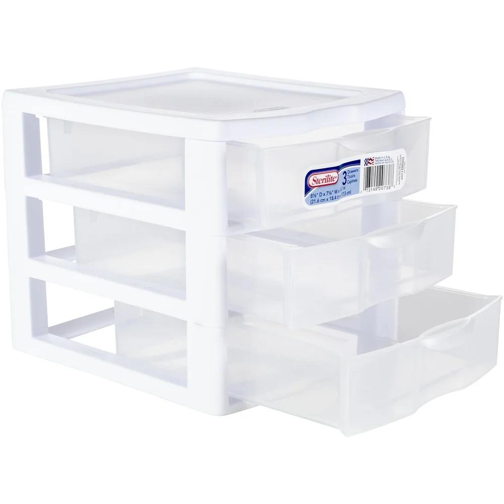 Small 3 Drawer Storage Unit Plastic Stackable Organizer Clear Front Drawers Desktop Container Office Home Crafts Makeup