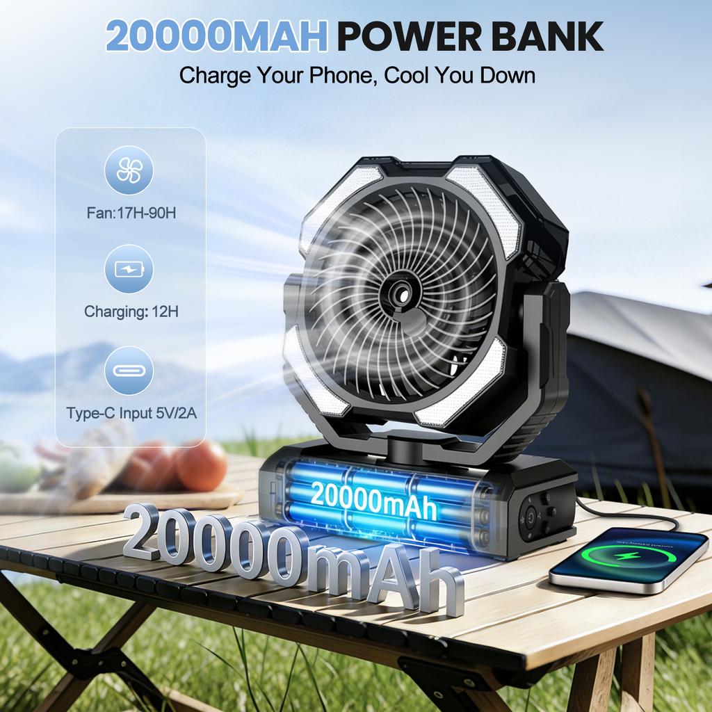 20000mAh Camping Fan Battery Operated Industrial Style Fan 4 LED & 4 Speeds Desk Fan Remote Rechargeable Outdoor Fans for Tent