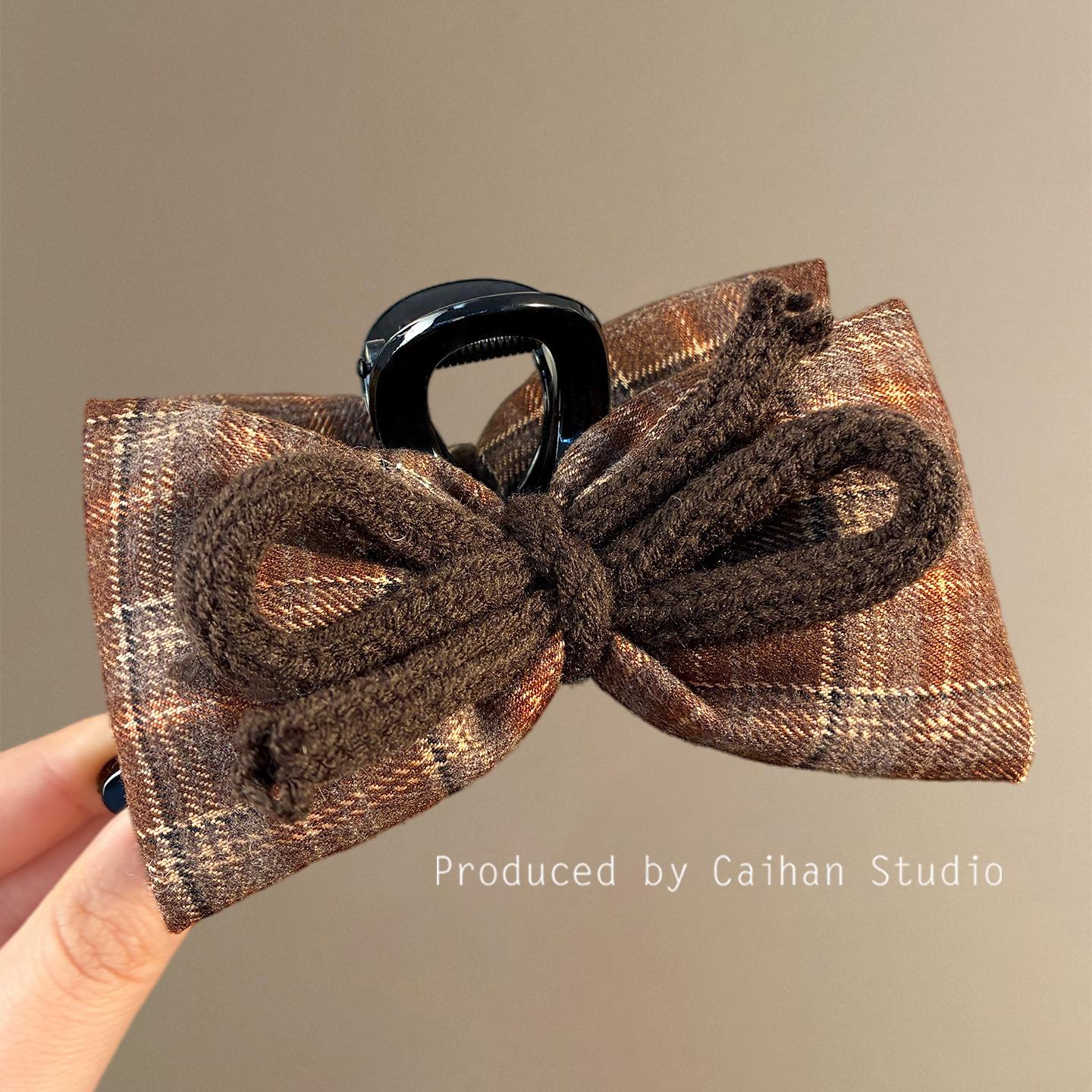Apricot Latte Plaid Bow Claw Clip - High-End Shark Clip for Women (2025)