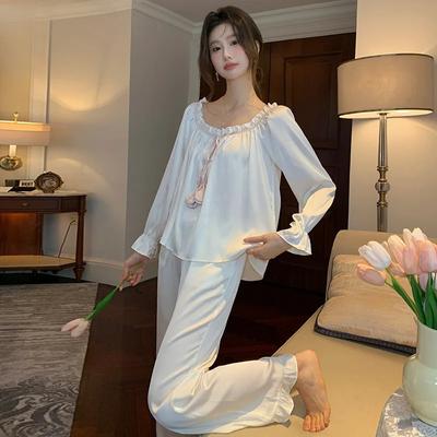 French Pajamas Suit Women's Spring and Autumn New Sweet and Lovable Long Sleeve Pants Home Clothes Ice Silk Suit