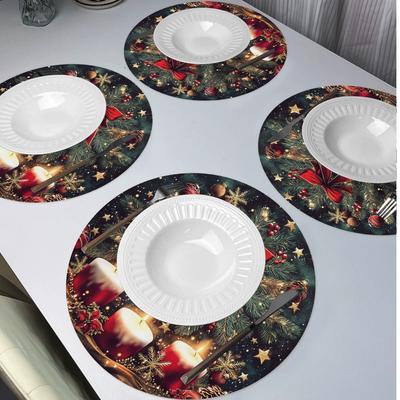 4 STÜCKE Weihnachts-Platzsets Rund Polyester Rutschfest Hitzebeständig Festliche Tischsets Weihnachts-Stil Design Runde Tischdecke