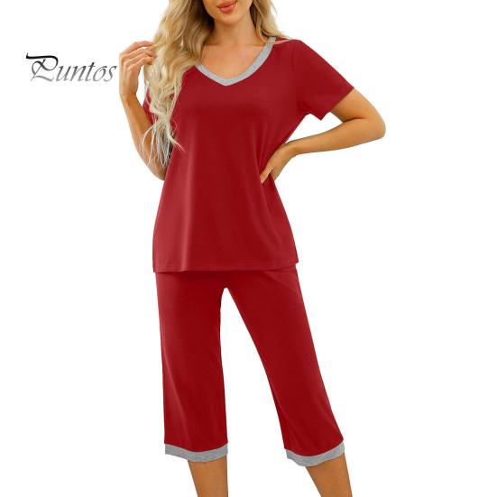 T-shirt Pants Set 2 Pcs/Set Pajamas V Neck Contrast Color Short Sleeve Women Sleepwear Loose Homewear Elastic Waist Cropped Summer Night Clothes