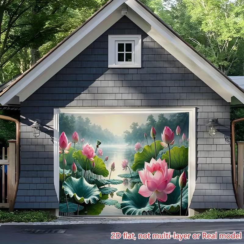 Serene Misty Lotus Tapestry, Pink Water Lilies and Green Leaves on a Calm Morning Lake, Peaceful Zen Wall Art