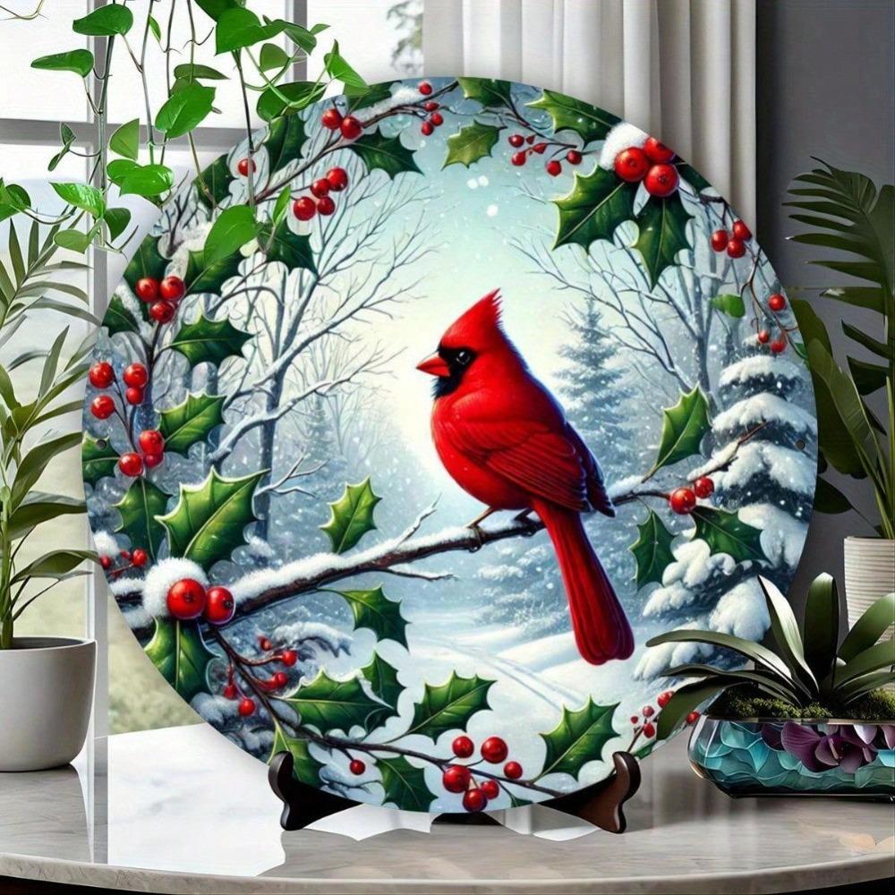 1PC Cardinal and Holly Berry Round Wreath Wall Art Decor Hanging Iron Metal Painting for Christmas Gift Home Garden Porch Bar Cafe Office