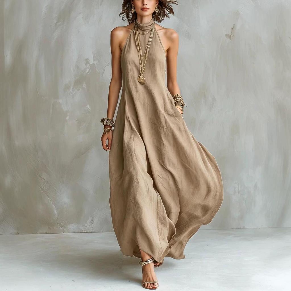 Bohemian Summer Off-the-Shoulder Maxi Dress - Women's Elegant Flowing Halter Neck Style