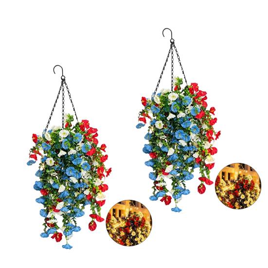 Yousheng Patriotic Hanging Flowers, Artificial Red White Blue Flowers Hanging Basket, Outdoor 4th of July Hanging Flower Basket for Porch Garden Decor