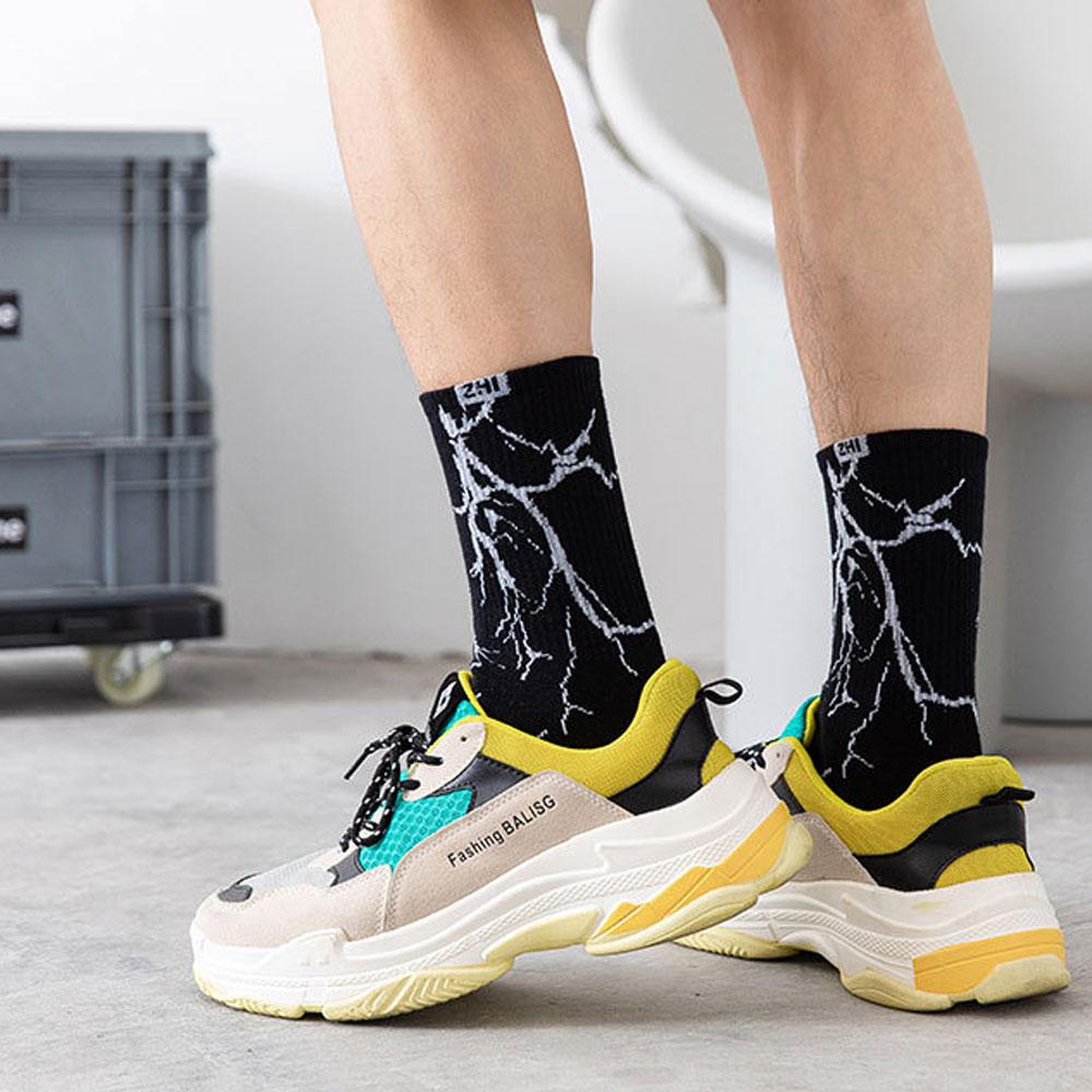 Harajuku Hip-Hop Street Sports Skate Socks Tie Dye Lightning Designer Happy White Socks Women