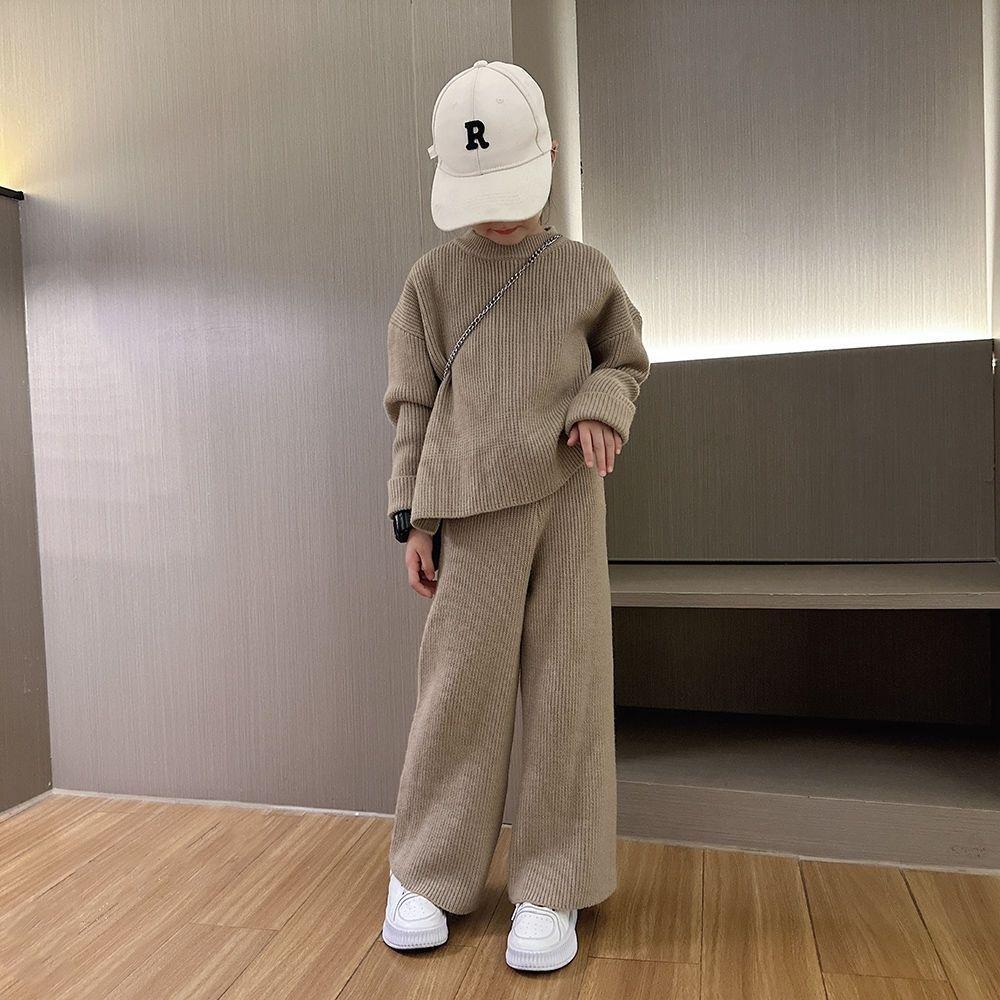 Herbst/Winter Lässiger Stil Mädchen Zweiteiliges Strickpullover-Set mit Weitbeinigen Hosen