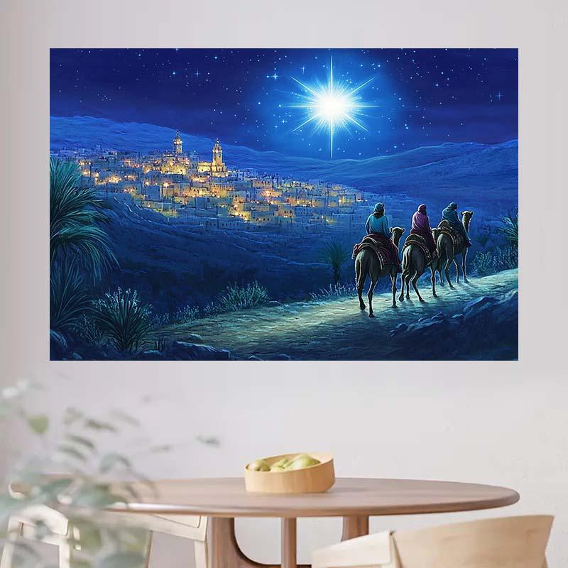 One Christmas Night Scene Background Fabric of the Three Doctors and the Star of Bethlehem - Polyester Festive Decoration