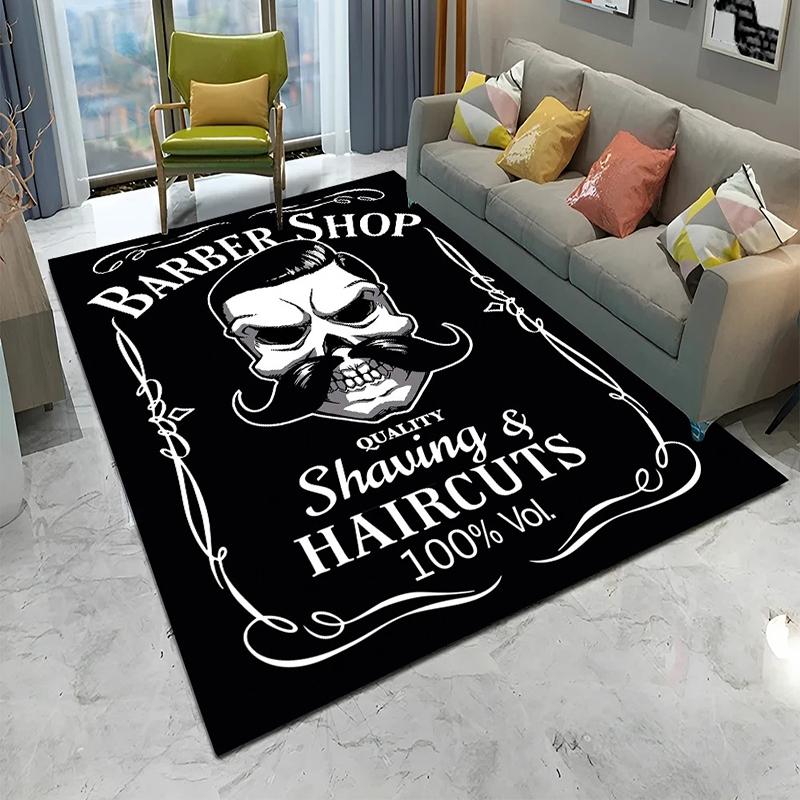 Barber Shop Style 3D Skull Vintage Pattern English Letter Decorative Carpet Rug for Living Room Barber Shop Entrance Floor Mat