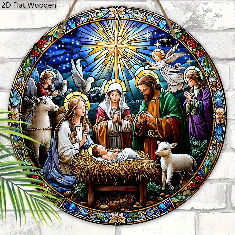 Nativity Scene Wooden Sign, Jesus Born Round Ornament for Front Door Wall Hanging Decor, Ideal Christmas Gift for Christians