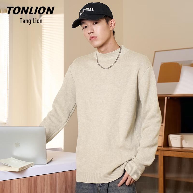TonLion Men's Double-Strand Heavy Knit Round Neck Pullover Sweater