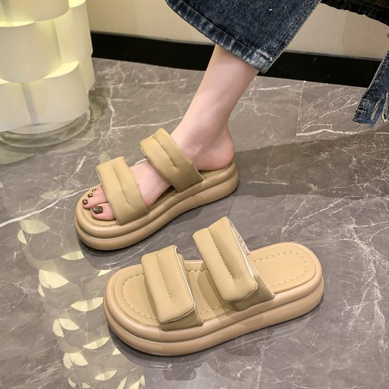 Summer 2023 Chunky Sandals Women's Thick Bottom Wedge Heels Slides 8CM High Heels Platform Leather Casual Beach Flip Flops Woman