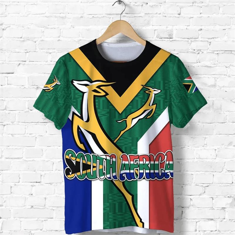HerSight Zuid-Afrika Kaart Vlag Grafisch Mode Springbok 3D Print T-shirts Mannen Kleding Embleem M