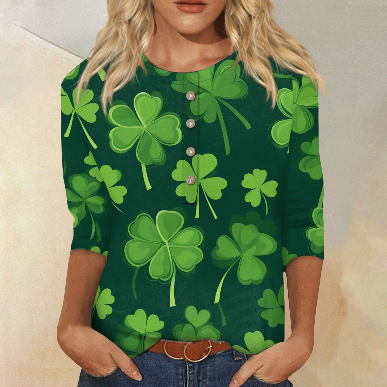 

Женская мода ул.. Топ с круглым вырезом и пуговицами с семиточечными рукавами и принтом ко Дню Святого Патрика L