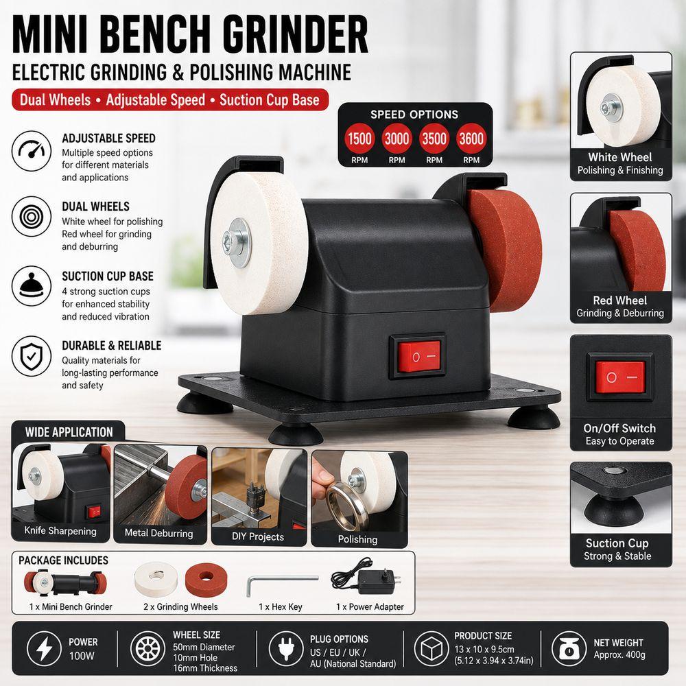 Abrasive Wheels Mini Bench Grinder Adjustable Speed Dual Wheel Grinder Desktop Grinding Machine