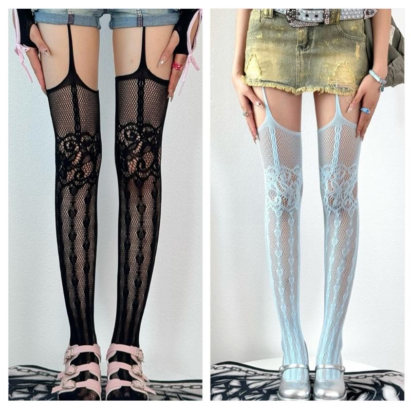 Women Subculture Fishnet Mesh Thigh High Stockings Sweet Heart Patterned Hollowed Garter Belt Pantyhose Suspender Tights