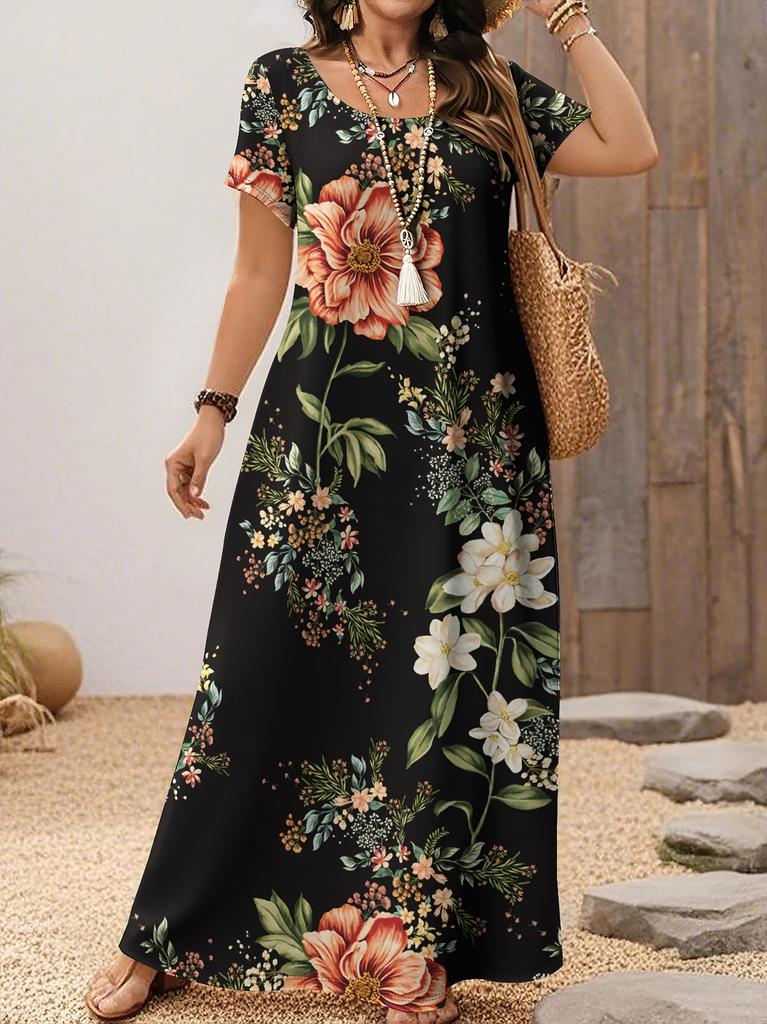 Flower and plant pattern, printed large size dress, new large size dress.