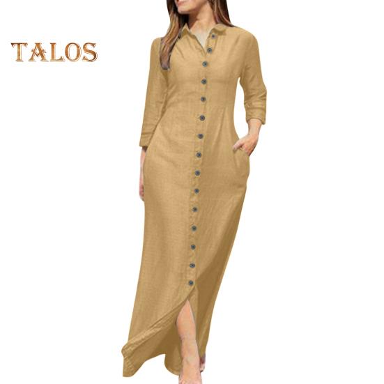 

Весенне-летнее женское платье Свободное однобортное однобортное цветное платье с лацканами и V-образным вырезом с длинными рукавами. Мягкая дышащая повседневная длина до щиколотки. M хаки