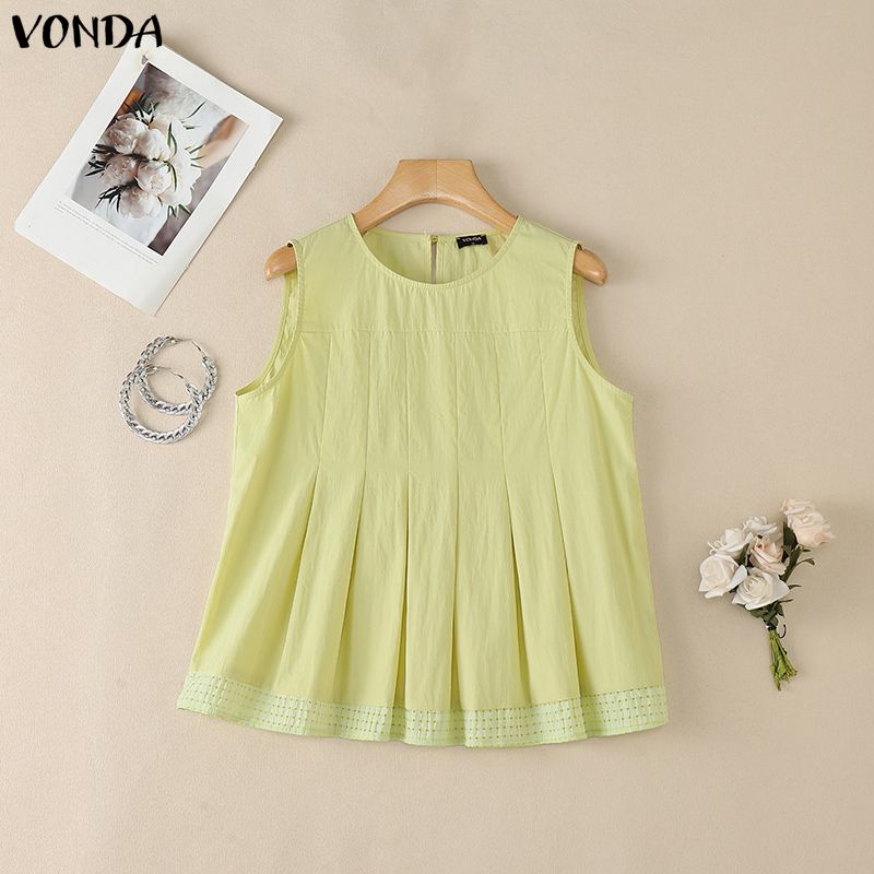VONDA Women Summer Sleeveless Splicing Hem Ruffled Casual Tank Tops