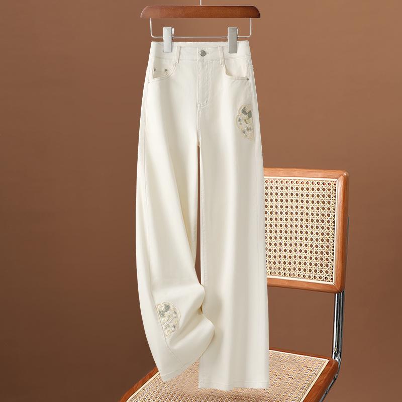 

Женские джинсы с ретро-вышивкой Весна 2025 - Высококлассные драпированные прямые брюки длиной до пола M абрикосовый