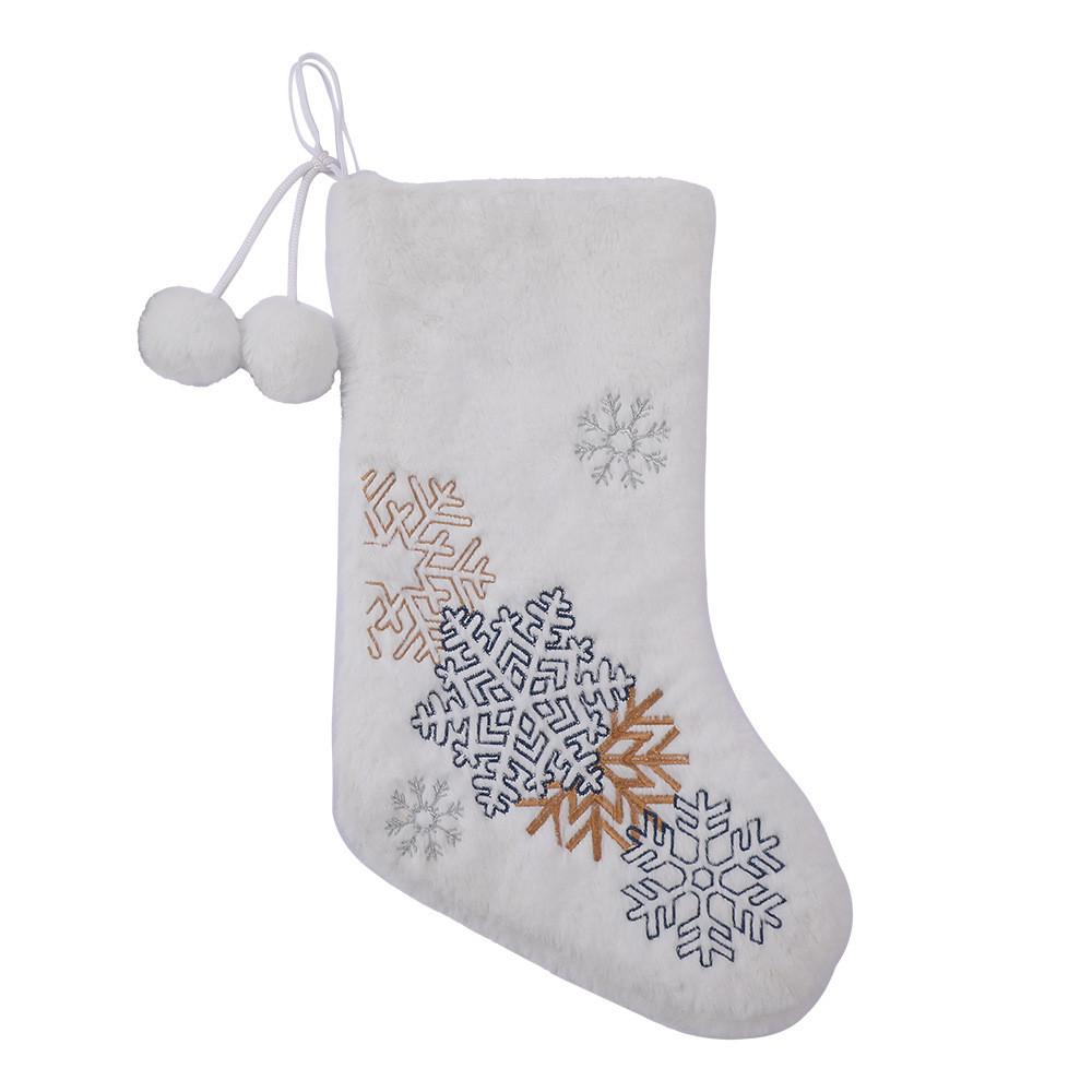 Decorative Stocking Christmas With Plush Fabric Embellished With Snowflake Embroidery And Poms Pom