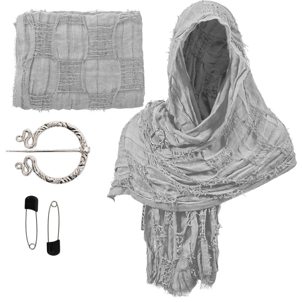 Medieval Shawl Wrap Post Apocalyptic Cosplay Cloak Breathable Cotton Blend Distressed Scarf with Pin for Halloween Party
