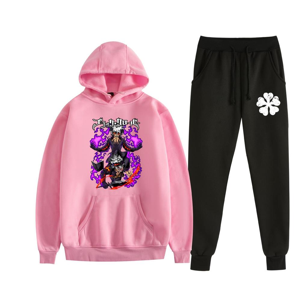 Europe, America, Autumn and Winter Black Four-leaf Clover Peripheral Two-dimensional Men's and Women's Leisure Sports Fleece Hooded Sweater Set 