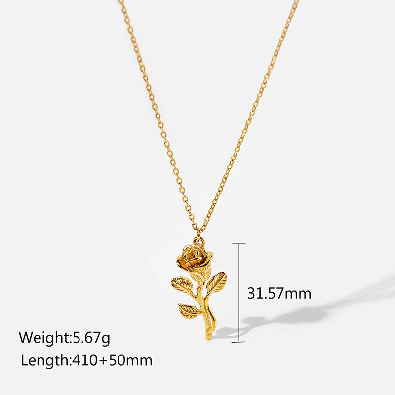 INS Light Luxury Rose Flower Sun Double Ring Pendant Necklace, 18K Gold-Plated Stainless Steel, Waterproof Clavicle Chain