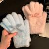 Korean Cute Blue Bow Knit Plush Gloves Women Winter Thick Fleece Warm Cold Proof Finger Gloves Fluffy Soft Comfortable Windproof