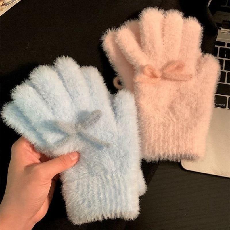 Korean Cute Blue Bow Knit Plush Gloves Women Winter Thick Fleece Warm Cold Proof Finger Gloves Fluffy Soft Comfortable Windproof