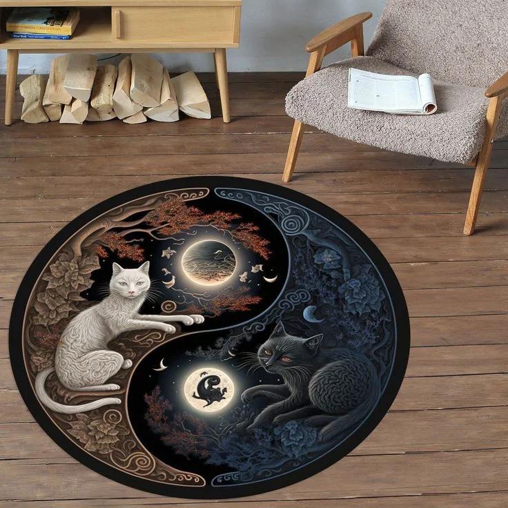 Okrągły dywan Yin i Yang z kotem do dekoracji salonu sypialni antypoślizgowy mata podłogowa do raczkowania do pokoju dziecięcego popularny okrągły dywan