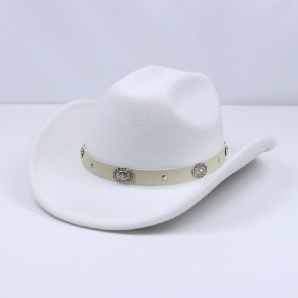 Men's and women's Panama-style soft felt cowboy hat with metal flower shape and white leather belt, suitable for parties