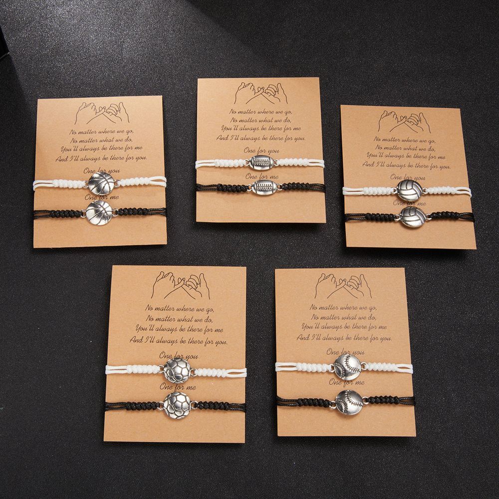 Wax Line Hand Woven Bracelet, Alloy, Football, Volleyball, Basketball, Rugby, Tennis, Hand Rope, Couple Souvenir Gift, Fashion, 2Pcs per Set